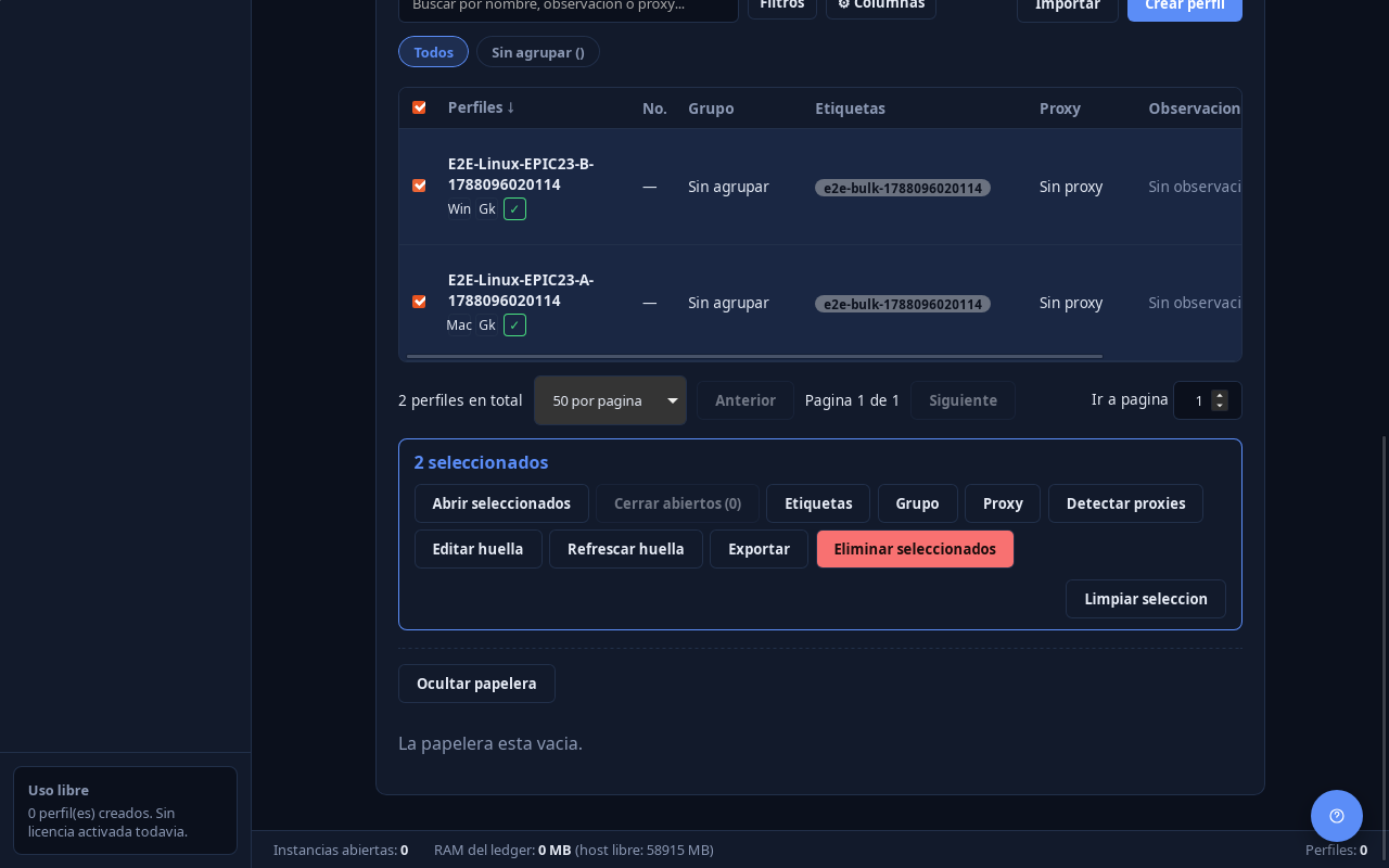 Tabla central de perfiles: selección múltiple, etiquetas, sistema operativo por perfil y acciones en lote (proxy, huella, exportar) desde una sola vista.