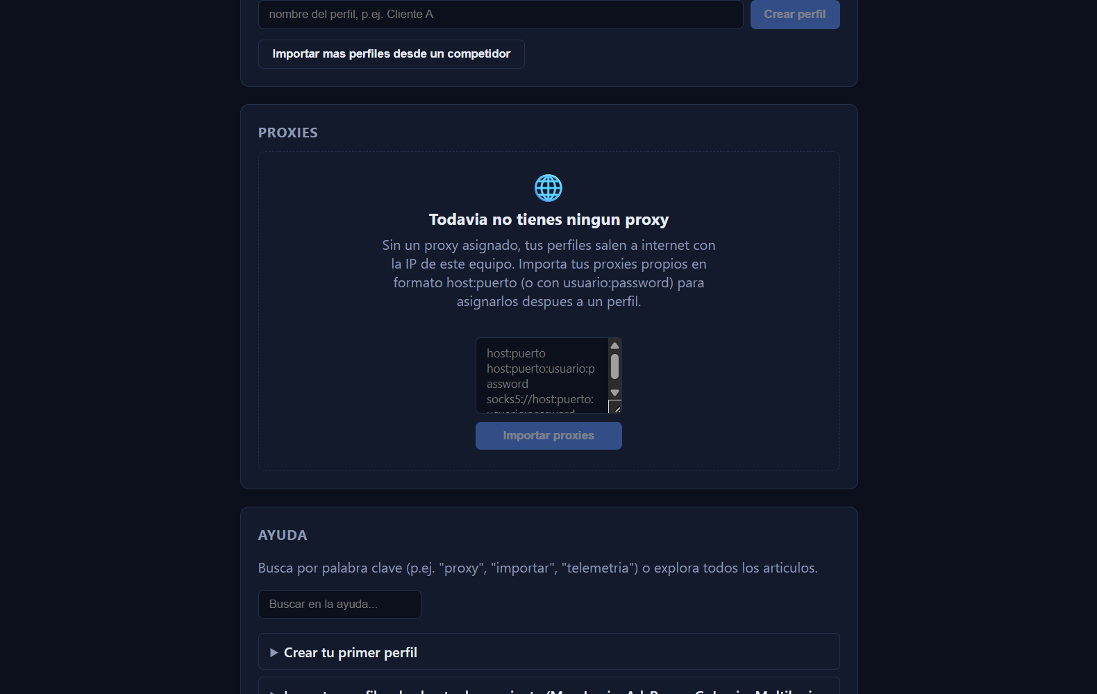 Creación de un perfil nuevo en segundos, con opción de importar perfiles existentes desde otras herramientas antidetect.