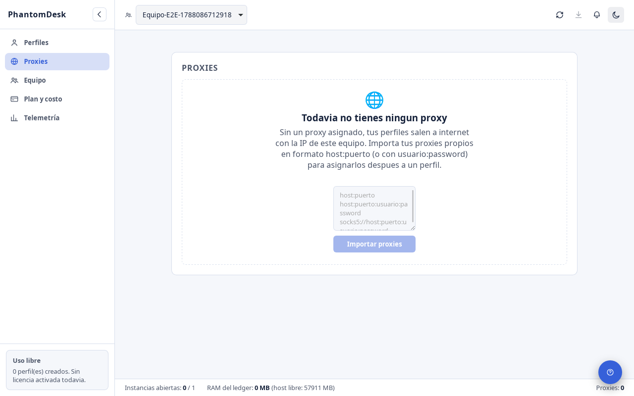 Gestión centralizada de proxies: importa por lote en formato host:puerto o con usuario y contraseña, listos para asignar a cualquier perfil.