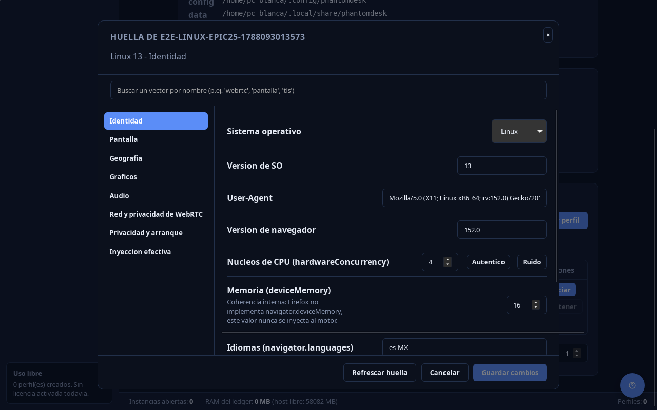 Editor de huella digital: control fino de sistema operativo, user-agent, CPU y memoria para que cada perfil sea coherente y único.