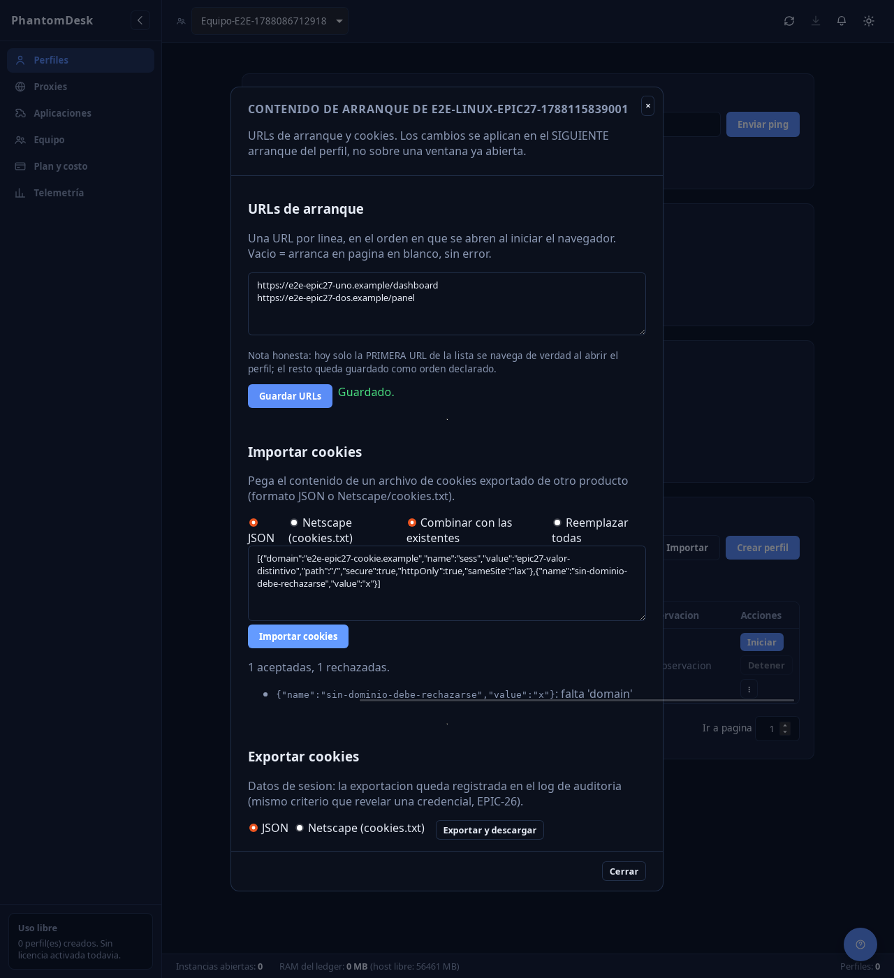 Importa y exporta cookies de sesión entre perfiles o desde otras herramientas, en formato JSON o Netscape.