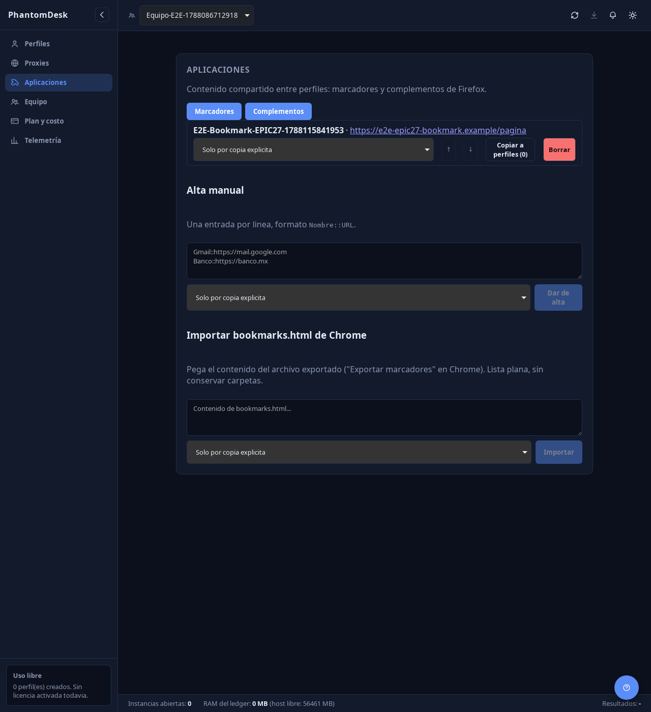 Marcadores y complementos compartidos entre perfiles, con control de qué perfiles reciben cada elemento.
